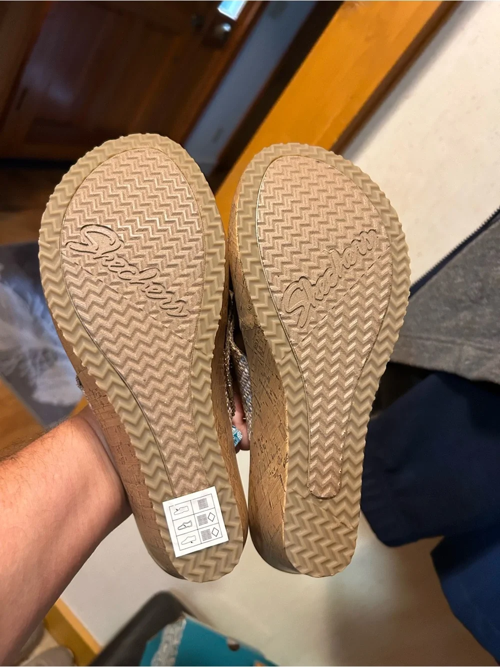 Skechers Woven Cross-Strap Cork Wedge Sandals in Beige and Multi Colors